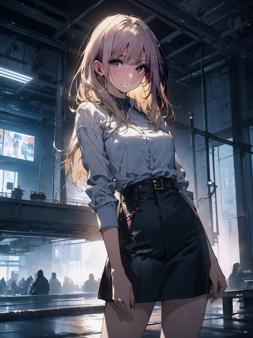  (Official Art、highest quality、unity 8k wallpaper、32k、​masterpiece、Very detailed、超A High resolution、Realistic、Photorealistic:1.2)、(Cinema Lighting:1.2), High resolution, (masterpiece: 1.4), Very detailed, One Girl, Platinum Blonde, Medium Hair, Skyscraper facade windows, Cowboy Shot,