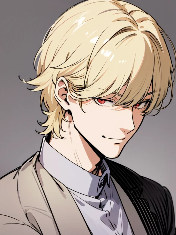Solo, anime drawing of a man with blonde hair and red eyes, clean anime outlines, praying posture, side part bangs, medium hair length, anime portrait of a handsome man, male anime style, smirk facial