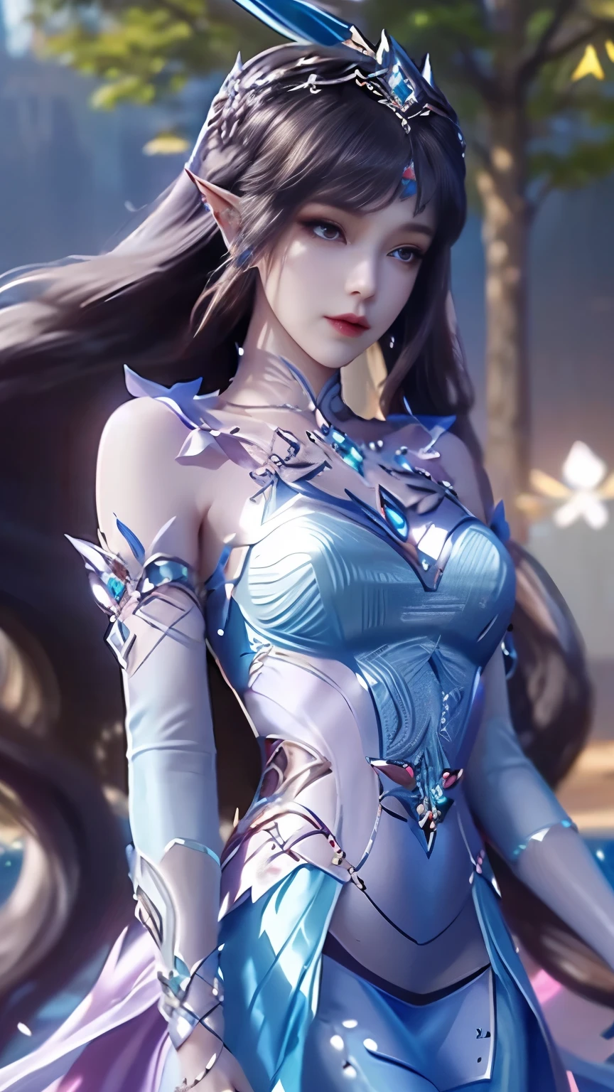 a close up of a woman in a blue dress, a beautiful fantasy empress, beautiful fantasy maiden, fantasy art style, trending on cgstation, beautiful and elegant elf queen, beautiful maiden, shining skin, intricate ornate anime cgi style, ((a beautiful fantasy empress)), beautiful alluring Realistic woman, shining skin, in the park, sun shining, Realistic shadow, front body pose,