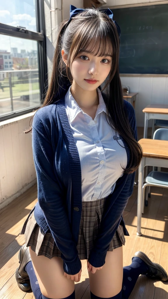 muste piece, best quality, illustration, Super detailed, fine details, High resolution, 8K,wall paper, perfect dynamic composition,(Details High quality, realistic depiction of eyes:1.3), High School Classroom、High school girl uniform、Cardigan、Super Short Check Uniform Skirt、Navy blue high socks、garterbelts、Colossal tits、Disturbed uniform、low ponytail, black hair color, sexy pose, on all fours, Big Natural Color Lip, bold sexy pose, (perfect body shape), crying a little、cold gaze, Harajuku style、20 year old girl、cute type, beautiful legs, hposing Gravure Idol, Voluptuous thighs