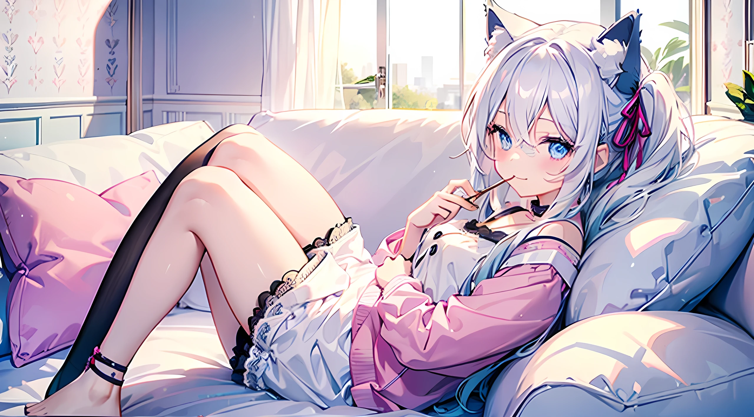 There is only one beautiful thing, Beautiful woman with long white hair and blue eyes、Lying down and eating Pocky、There is no box of Pocky、23 years old、Adorable smile、Angel wings on the back、Pink Wallpaper、A cute girly room、Pink sofa、With cat ears、Wearing fluffy white winter loungewear、Less exposed skin、Black lace shorts with ribbon、Stuffed cat、pastel colour、highest quality