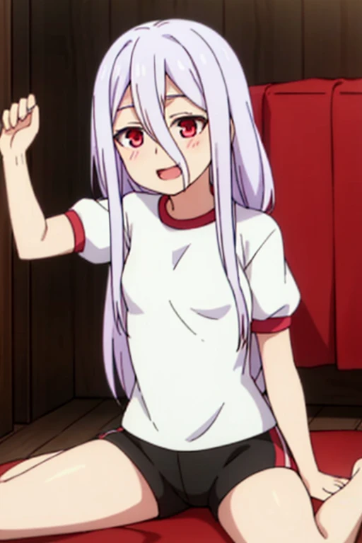 ((highest quality)), ((masterpiece)), (be familiar with), Perfect Face, indoor, Bedroom, Watching the audience,
One woman, Bai Zhi,
Open Mouth, Ecstatic expression, blush, smile,
Small breasts, Flat Chest, Young Girl, , , Girl,
Long Hair, Long Hair,
Gym suit, White short sleeves, Black shorts, Leg spread,