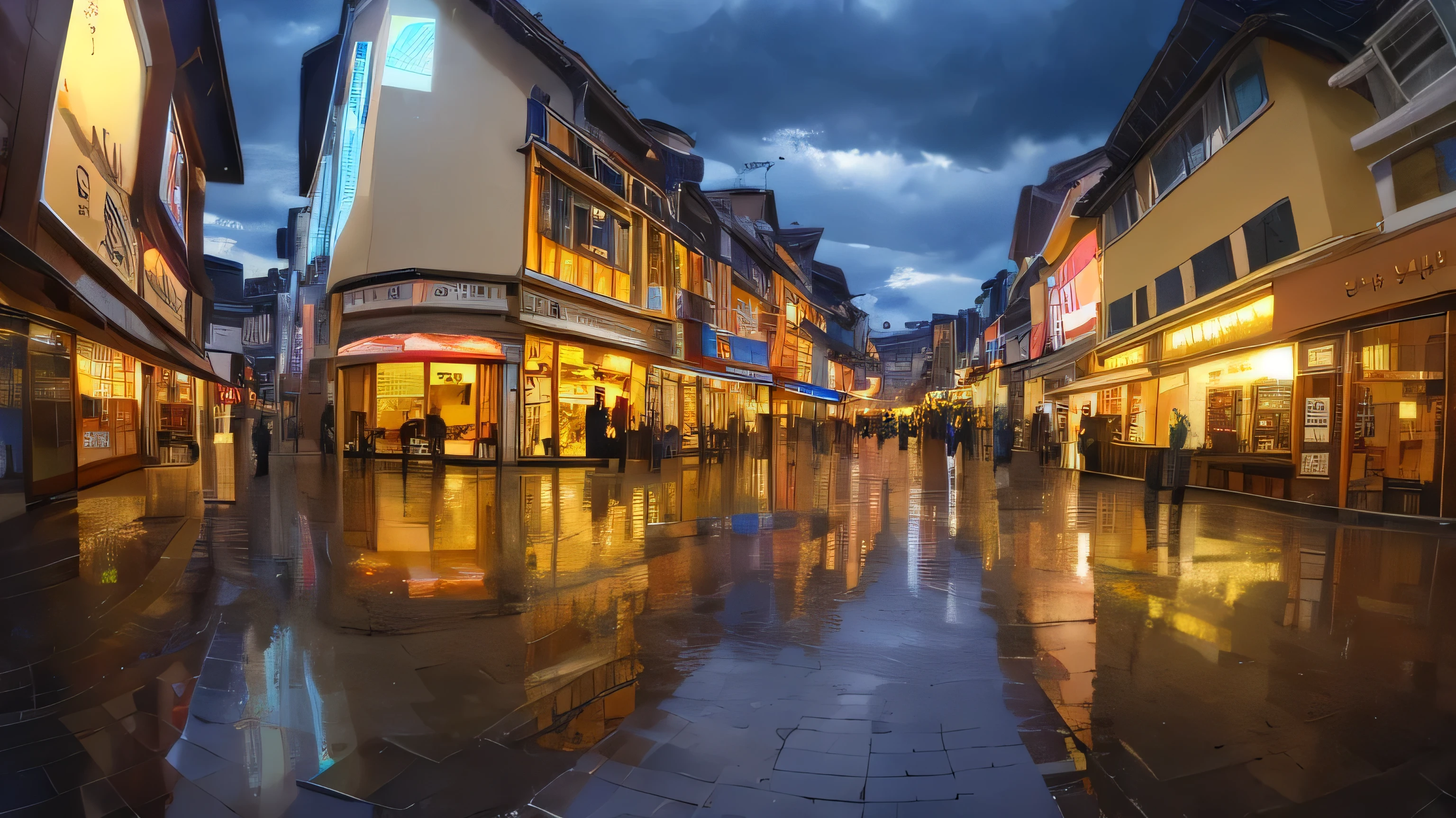 Night view of the shopping street、It's drizzling、dim clouds