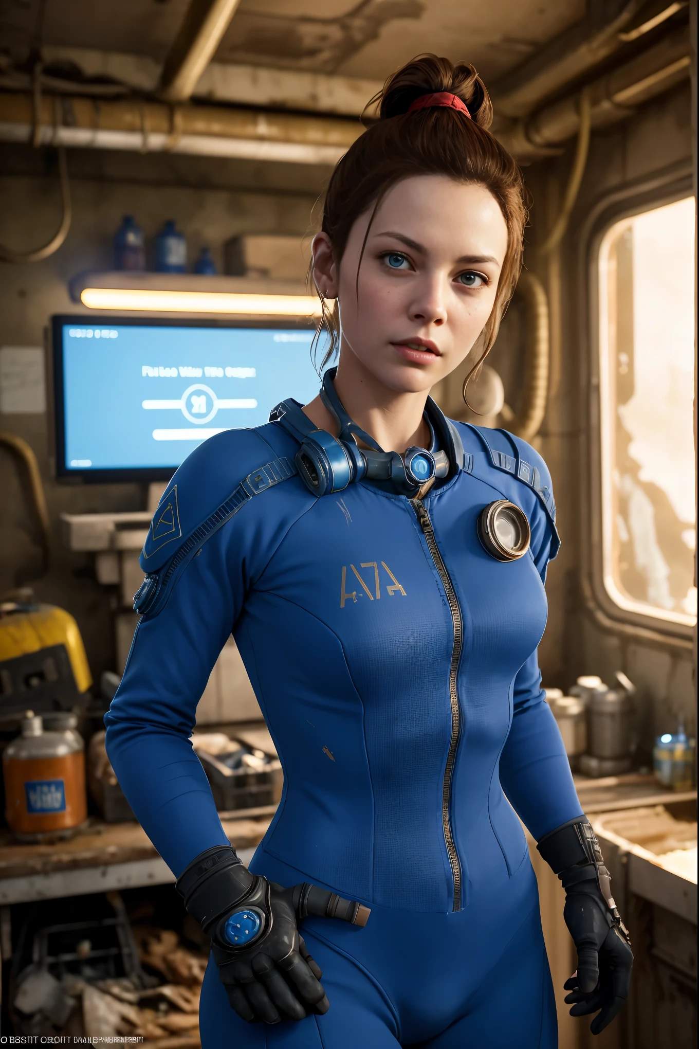 A cute and nerdy woman, (Michelle Pfeiffer:Gillian Jacobs:0.5), brunette hair tied in a ponytail, (wearing a plunging high detail blue Fallout 4 vault suit), high detail face, high detail skin, seductive expression, perfect body, perfect proportions, a nuclear wasteland background with scattered ruins, high quality, masterpiece, realistic photo, intricately detailed, 8k, HDR, shallow depth of field, wide light, high contrast, backlight, sharp focus, RAW color photo, looking at the camera, cool colors, dynamic poses, in the style of Fallout 4