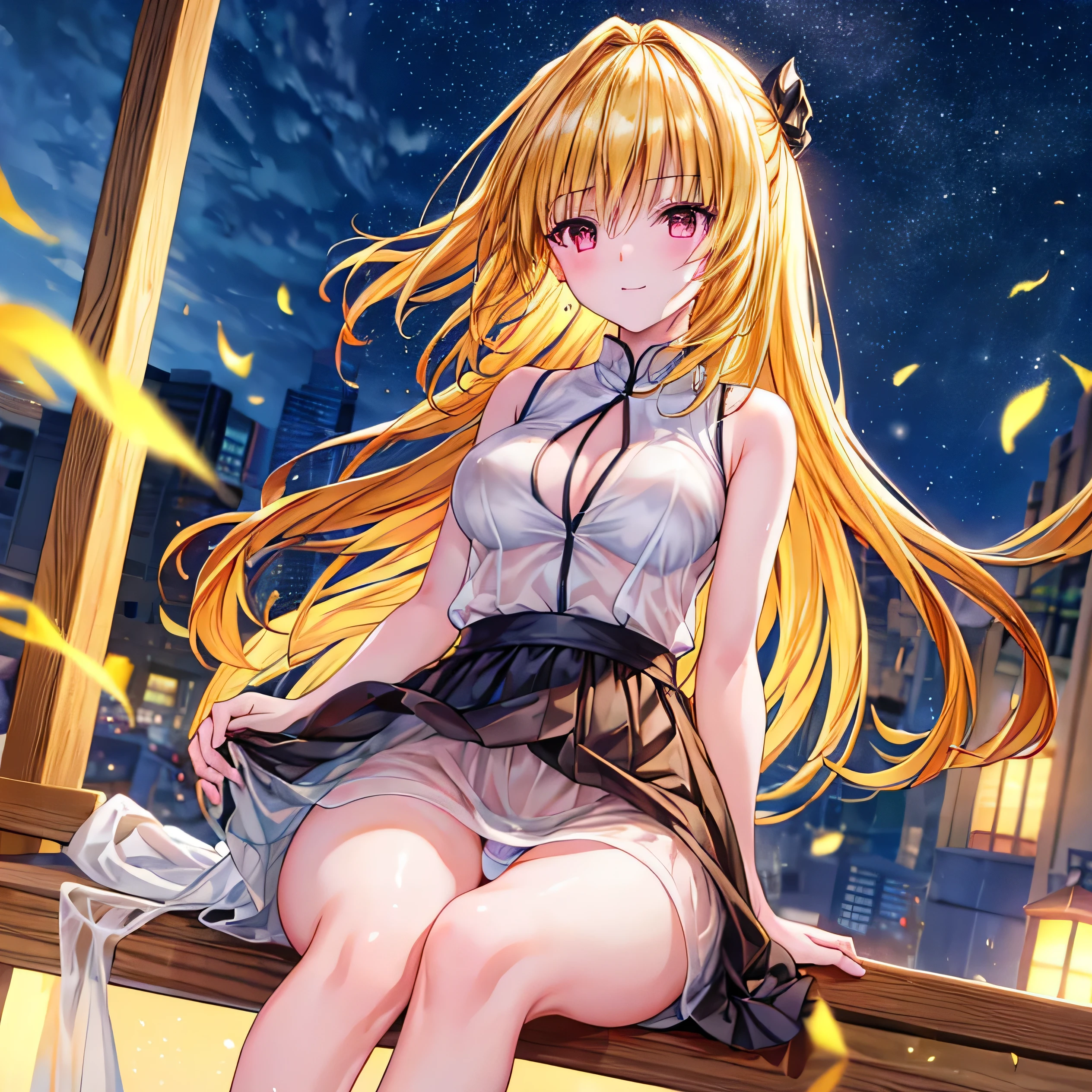 realistically, golden hair, brown eyes, glowing eyes, white short skirt, extra short skirt, Blush, daytime, Wet from the rain, see through, cheongsam dress, cheongsam, sleeveless shirt, nipples, pussy, armpit, crotch, big smile, Sit with your knees raised, windy, yami, the skirt is turned up, highest quality, High resolution, highly detailed face, perfect lighting, highest detailed CG, perfect hands, perfect anatomy, wind blow skirt up, medium breast