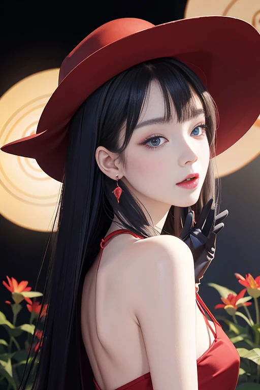 tsuruta ichiro, Narrow-eyed, 1girl in, Allback、Solo, Cowgirl, hat, red headwear、Red dress, ((mideum breasts)), (Super long hair:1.2), Thin slit eyes、blue grey eyes, Random colored hair, gloves, Dress, Jewelry, Upper body, earrings, sharp eye、Red Glove, elbow groves, Hand up, random color, random color dress, From Side, makeup, Slender eyes、lip stick, Complex petal pattern, Rim Light, Back Light, pastel color,