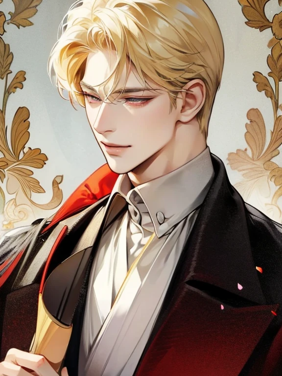 Solo, anime drawing of a man with blonde hair and red eyes, clean anime outlines, praying posture, side part bangs, medium hair length, anime portrait of a handsome man, male anime style, smirk facial