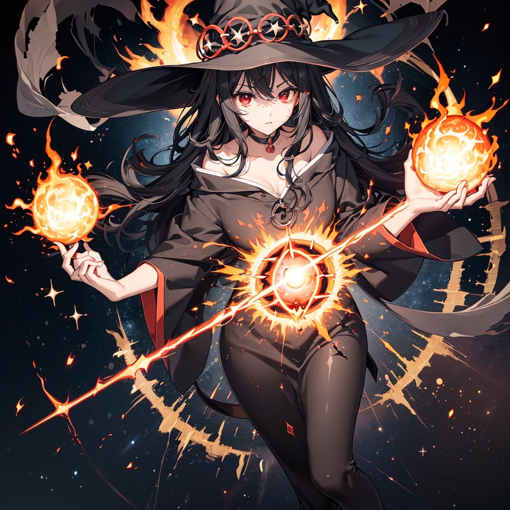 ((Black Hair　magic circle　Witch Hat　Red eyes))　((explosion　Explosion　wand of flame　starのペンダント　fire　beam))　(Magic Robe　shine　star　Streaks of Light　Black Hole)　moon　彗star　incantation　Runes　cool