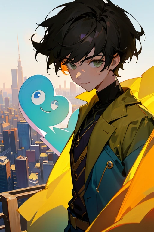 1 Male, ager male, An artist, background city, Stunning light from distant brightens the scene, smile face, paintbrush, Casts a deep shadow on the clothes, colorful clothes, masterpiece, close up