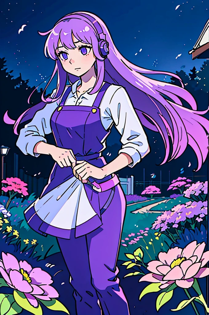 (best-quality:0.8),
(best-quality:0.8), perfect anime illustration, pretty woman cutting flowers in the garden in the middle of the night while listen music with headphones, pale purple hair, long hair, urban clothes, purple eyes, perfect eyes, beautiful anime face, girl alone, cutting flowers