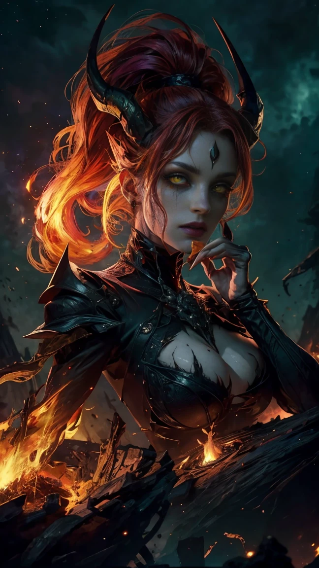 High view, high angle of camera, A beautiful and sexy queen of hell, anime style. walking through a dark, rotten and burnt Hades, showcasing the fiery green hair and thin black horns with incandescent cracks, black tears, golden ornament. Every space and build in the landscape is meticulously rendered, from the most desolate and terrifying hell, creating a visually stunning and immersive world. The overall effect is a terrifying mix of fantasy, glitter and nostalgia, hellpunk and horror anime. 2.5D style anime, close-up, fine quality yellow eyes, fiery yellow eyes without sclera, ultra detailed, Beautiful and aesthetically pleasing, masterpiece, Best quality score, Extremely detailed , dynamic angle, raytraced, middle body, close up, high view, particles and hard lights, angulo picado. green, red, purple and black