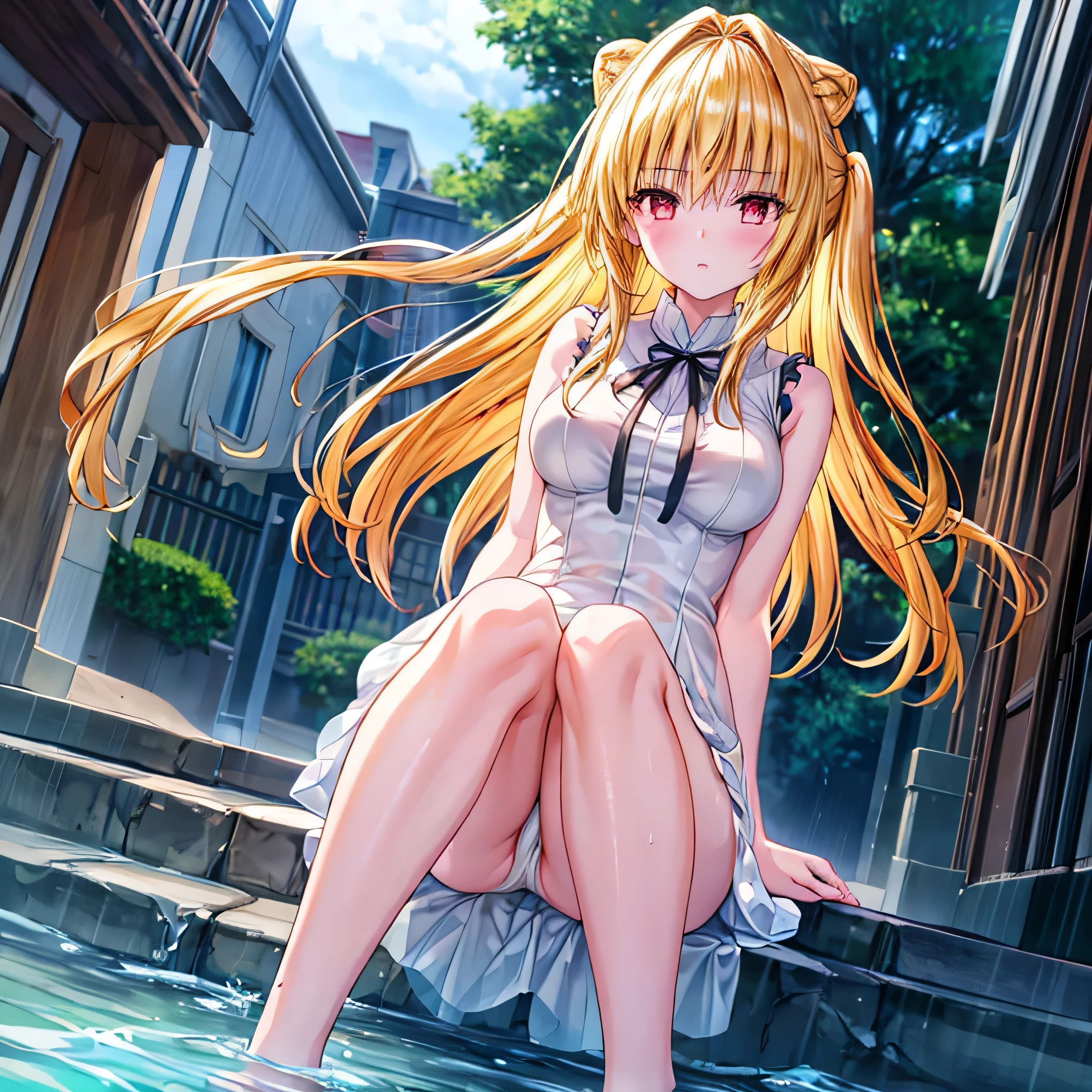 realistically, golden hair, brown eyes, glowing eyes, white short skirt, extra short skirt, Blush, daytime, Wet from the rain, see through, cheongsam dress, cheongsam, sleeveless shirt, nipples, pussy, crotch, embarrass, Sit with your knees raised, windy, yami, the skirt is turned up, highest quality, High resolution, highly detailed face, perfect lighting, highest detailed CG, perfect hands, perfect anatomy, wind blow skirt up, medium breast