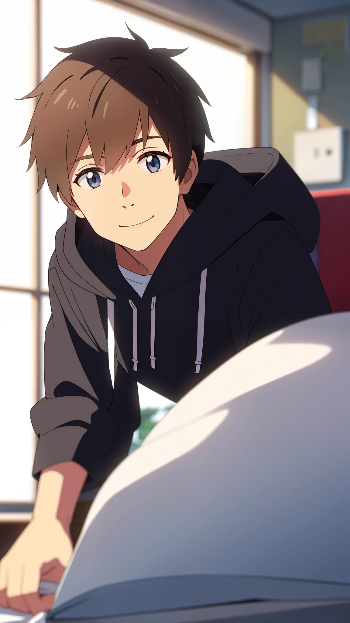 (masterpiece, best quality, high quality, highres, ultra-detailed), shinkai makoto, kimi no na wa., tachibana taki, 1boy, brown hair, blue eyes, hood, hoodie, shorts, male focus, solo, smile, sharp nose, looking at the viewer, white background