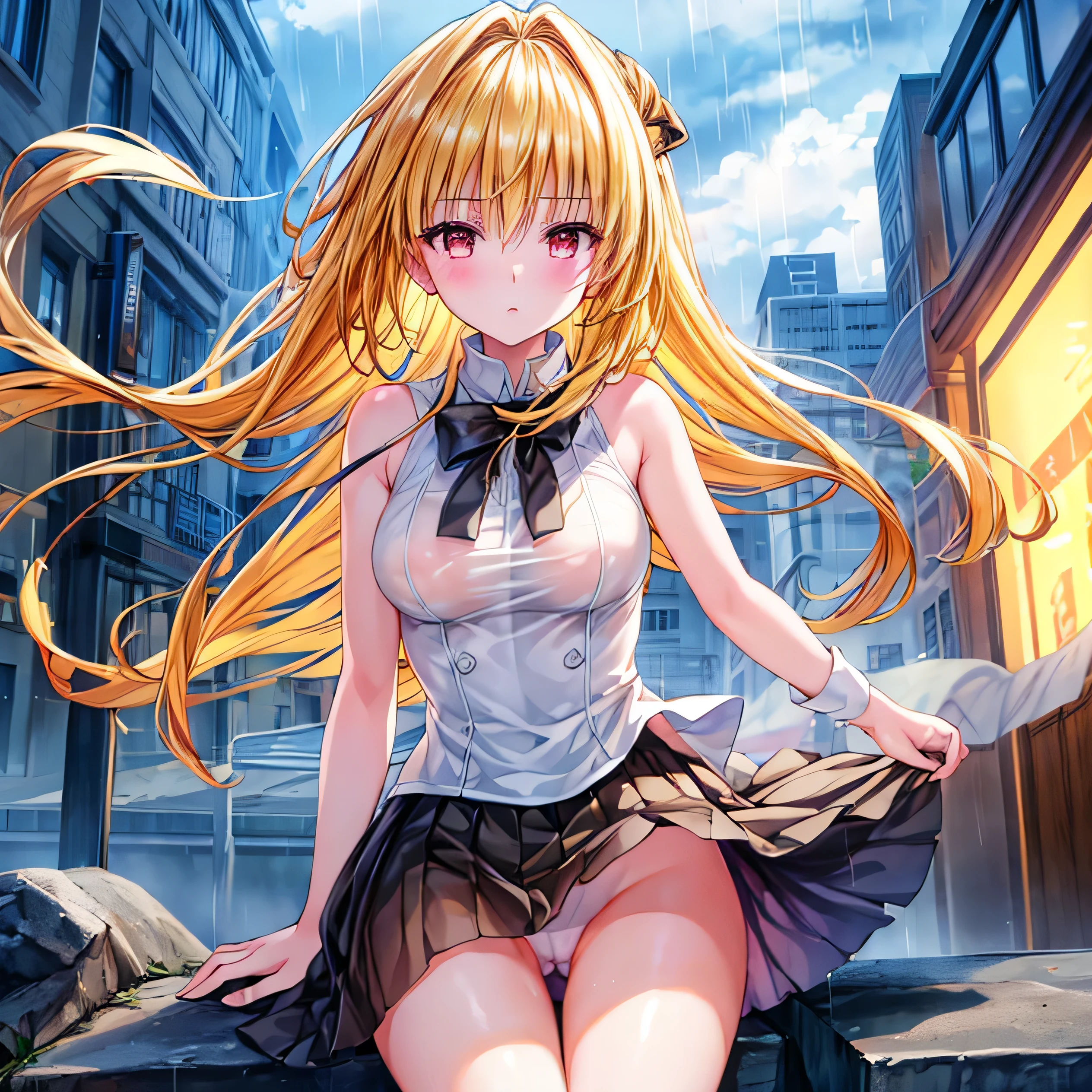 realistically, golden hair, brown eyes, glowing eyes, white short skirt, extra short skirt, Blush, daytime, Wet from the rain, see through, cheongsam dress, cheongsam, sleeveless shirt, nipples, pussy, crotch, embarrass, Sit with your knees raised, windy, yami, the skirt is turned up, highest quality, High resolution, highly detailed face, perfect lighting, highest detailed CG, perfect hands, perfect anatomy, wind blow skirt up, medium breast