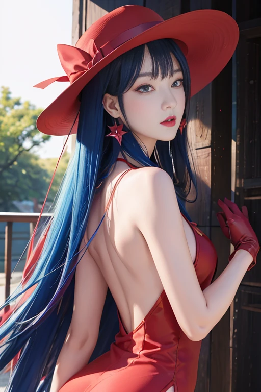 tsuruta ichiro, Narrow-eyed, 1girl in, Allback、Solo, Cowgirl, hat, red headwear、Red dress, ((mideum breasts)), (Super long hair:1.2), Thin slit eyes、blue grey eyes, Random colored hair, gloves, Dress, Jewelry, Upper body, earrings, sharp eye、Red Glove, elbow groves, Hand up, random color, random color dress, From Side, makeup, Slender eyes、lip stick, Complex petal pattern, Rim Light, Back Light, pastel color,