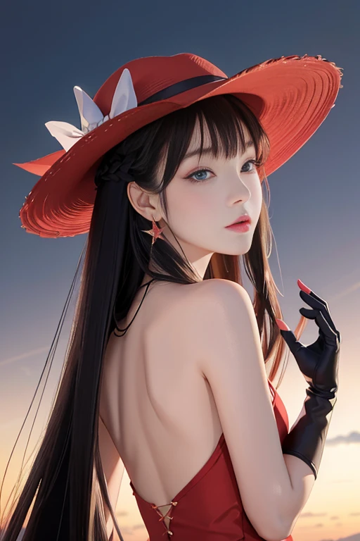 tsuruta ichiro, Narrow-eyed, 1girl in, Allback、Solo, Cowgirl, hat, red headwear、Red dress, ((mideum breasts)), (Super long hair:1.2), Thin slit eyes、blue grey eyes, Random colored hair, gloves, Dress, Jewelry, Upper body, earrings, sharp eye、Red Glove, elbow groves, Hand up, random color, random color dress, From Side, makeup, Slender eyes、lip stick, Complex petal pattern, Rim Light, Back Light, pastel color,