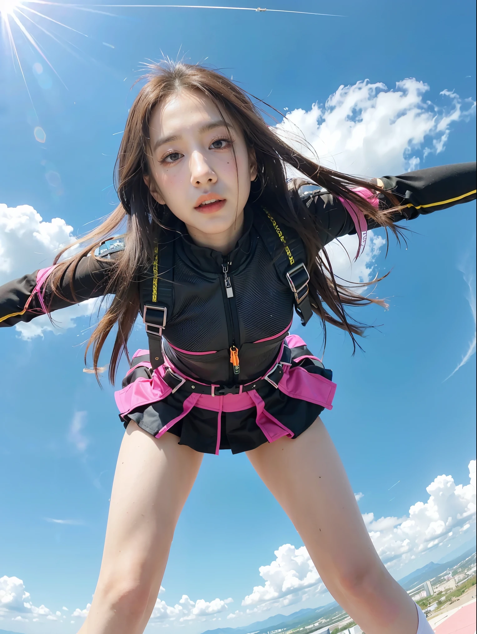 Jump skydiving scene, black pink Lisa parachuting with long hair flying in a mess, black police uniform, harness, flowing pink miniskirt, in a panoramic view, anatomically correct, above knee portrait photo, very realistic, material reflective and dispersive. Dispersion of light and sunlight, and clouds high detail, high quality