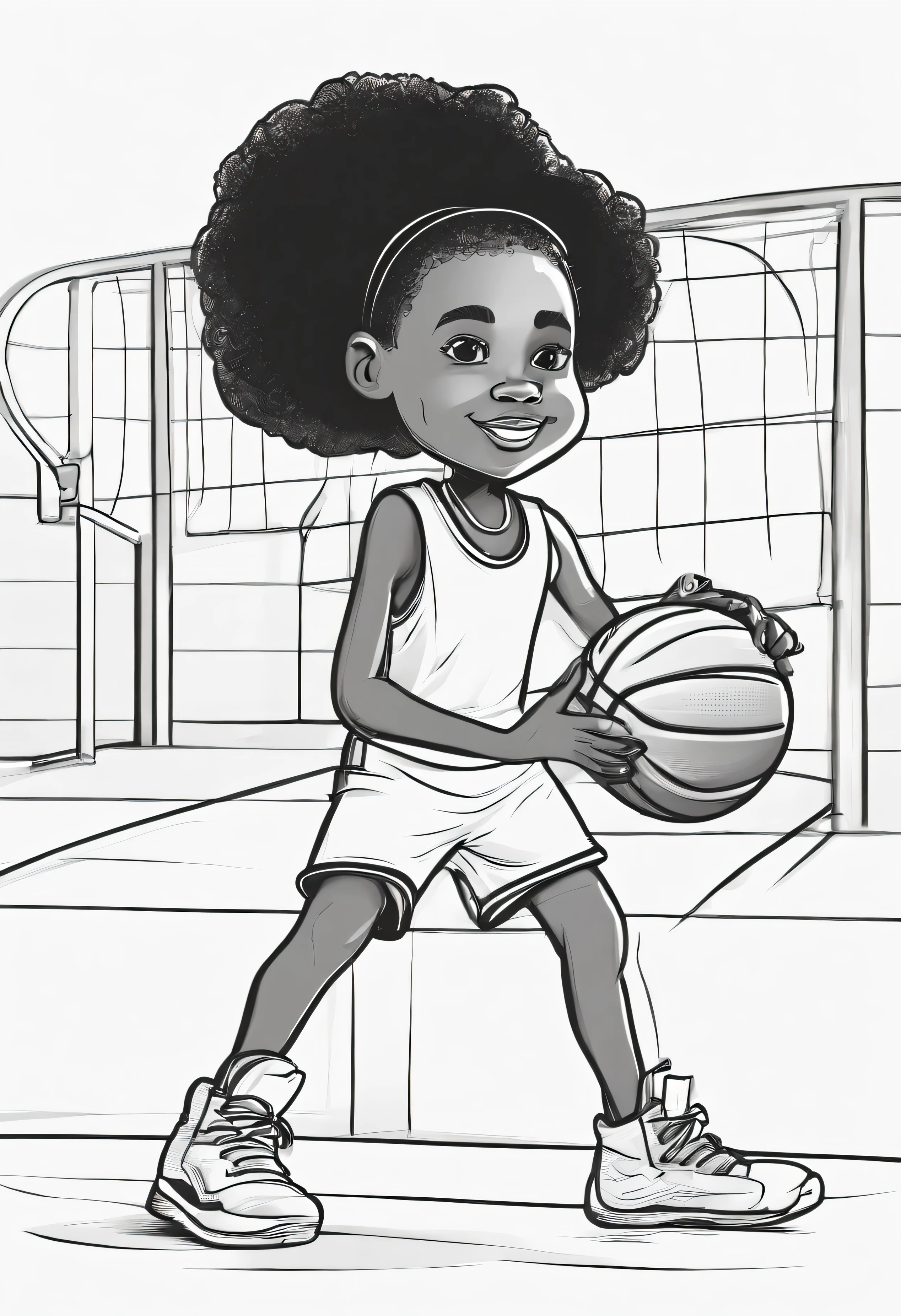 10 year old black girl playing in a basketball game, line art, realistic character, 3d style, high-quality, coloring book, hand draw , one art