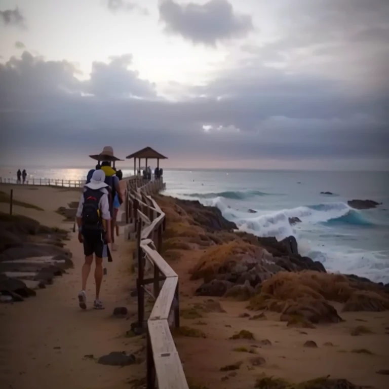 people walking on a trail near the ocean on a cloudy day, Rancho Hollister, Desconocido, by Robbie Trevino, the ocean in the background, con rocas irregulares y espeluznantes, junto al mar, vista del oceano, por Adam Manyoki, looking at the ocean, looking at the ocean, pch, Isla Grande, Personas caminando hacia el horizonte