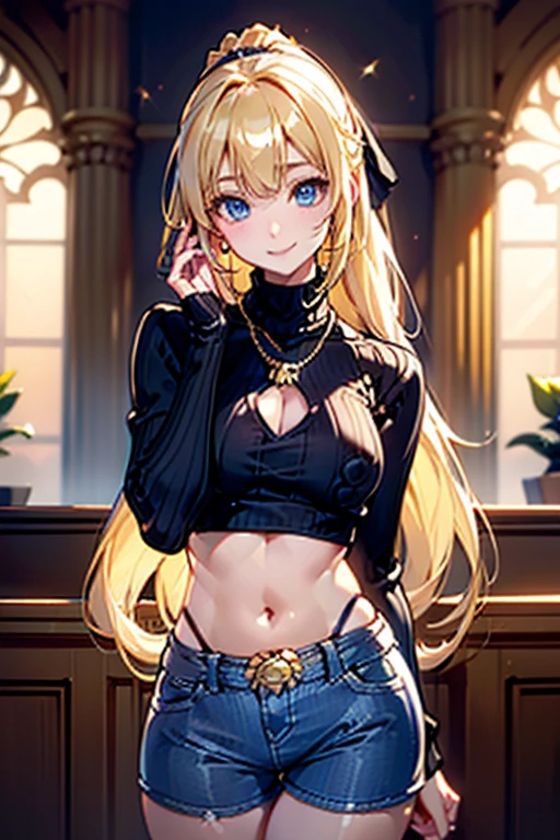 Portrait、、Bright expression、ponytail、Young, shiny, white, glossy skin、Gloss Face、Shining Cheek Gloss、Small Face Beauty、The best beauty、The dazzling light of blonde hair、Bright blonde hair with dazzling highlights、Very beautiful shiny light blonde hair、super long silky straight hair、Her shiny, beautiful bangs are covering her eyes.、Sparkling, clear, attractive, bright, large, pale blue eyes、Very big eyes、eyeliner、very beautiful lovely cute 16 year old girl、Ample Bust, full body , smile , (((turtle neck, sweater , hot pants ))) , necklace , jazz house