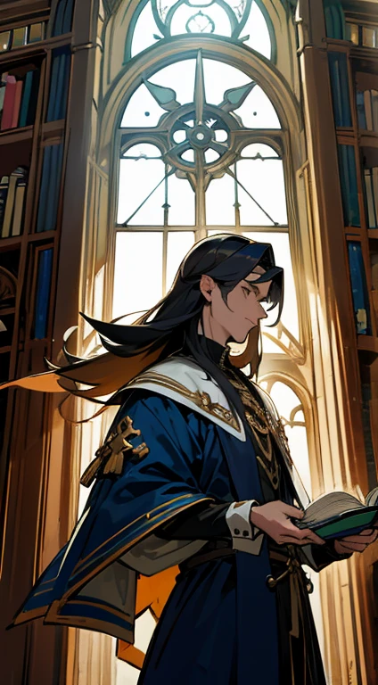 (medium portrait:0.7), (Better lighting:1.1), (cabelo grisalho:1.1), (olhos azuis:1.1), 1 cara, homem adulto, librarian, olhando para o espectador, olhar neutro, vestes cinzentas, no meio da biblioteca