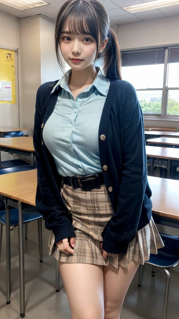 muste piece, best quality, illustration, Super detailed, fine details, High resolution, 8K,wall paper, perfect dynamic composition,(Details High quality, realistic depiction of eyes:1.3), High School Classroom、High school girl uniform、Cardigan、Super Short Check Uniform Skirt、Navy blue high socks、garterbelts、Colossal tits、Disturbed uniform、low ponytail, black hair color, sexy pose, Big Natural Color Lip, bold sexy pose, (perfect body shape), crying a little、cold gaze, Harajuku style、20 year old girl、cute type, beautiful legs, hposing Gravure Idol, Voluptuous thighs