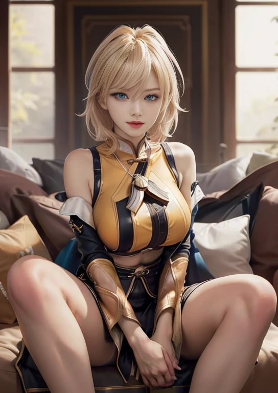 best quality, realism, real, photo: 1.4), Ji Xiaoman, Blond, blue eyes, hand on belly, big breasts, large breasts, thick legs, thights, sitting, knees up, open legs, real, photo"