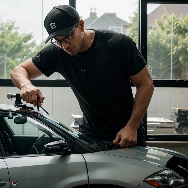 Front view photo of a man wearing a cap and glasses installing window tinting on a car with tools.
