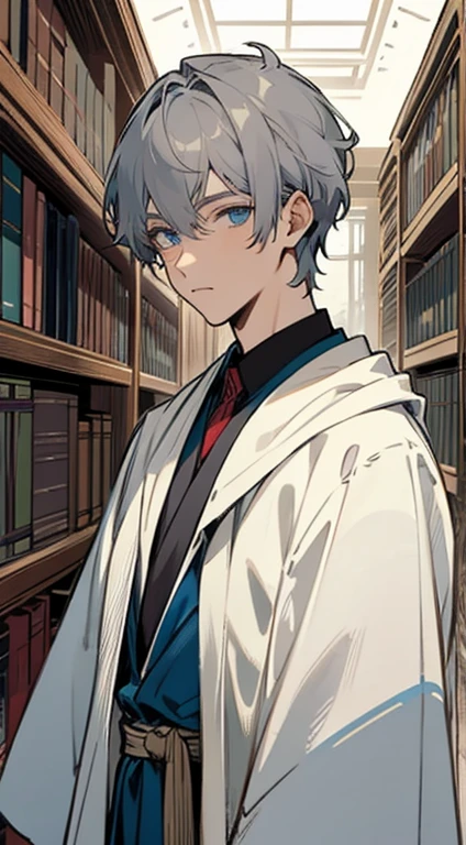 (medium portrait:0.7), (best illumination:1.1), (gray hair:1.1), (blue eyes:1.1), 1guy, adult male, librarian, looking at viewer, neutral look, gray robes, in the middle of library
