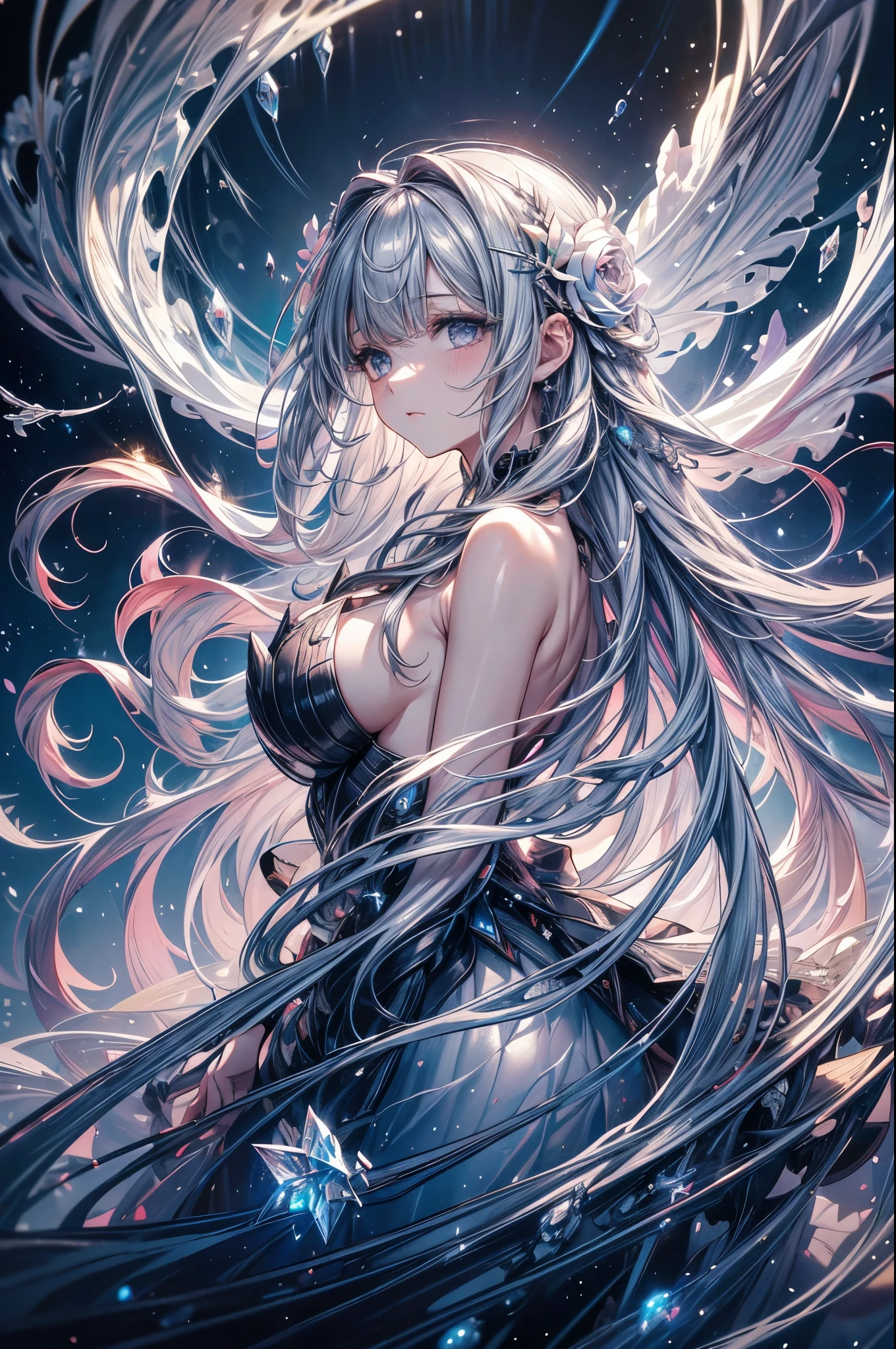 bust, Waves, 1 girl, extremely long hair, Silver slit dress, 
Flowers bloom,  galaxy, crystal, Spiral Nebula, birds,  Like a dream,
best quality, masterpiece, Ultra-high resolution, illustration, Deep Shadow, Rim Light, 
Ultra-delicate, Clear focus, (high resolution), Deformed depth of field blurred background, Detailed background, Perfect layer cutting,