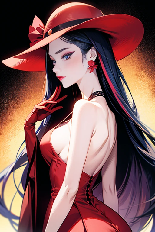 tsuruta ichiro, Narrow-eyed, 1girl in, Allback、Solo, Cowgirl, hat, red headwear、Red dress, ((mideum breasts)), (Super long hair:1.2), Thin slit eyes、blue grey eyes, Random colored hair, gloves, Dress, Jewelry, Upper body, earrings, sharp eye、Red Glove, elbow groves, Hand up, random color, random color dress, From Side, makeup, Slender eyes、lip stick, Complex petal pattern, Rim Light, Back Light, pastel color,