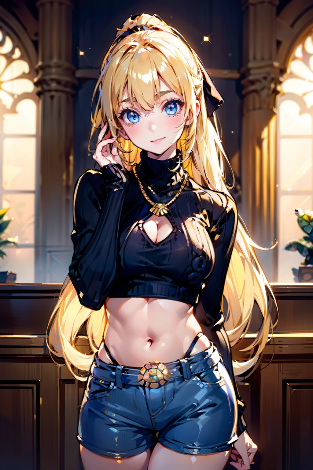 Portrait、、Bright expression、ponytail、Young, shiny, white, glossy skin、Gloss Face、Shining Cheek Gloss、Small Face Beauty、The best beauty、The dazzling light of blonde hair、Bright blonde hair with dazzling highlights、Very beautiful shiny light blonde hair、super long silky straight hair、Her shiny, beautiful bangs are covering her eyes.、Sparkling, clear, attractive, bright, large, pale blue eyes、Very big eyes、eyeliner、very beautiful lovely cute 16 year old girl、Ample Bust, full body , smile , (((turtle neck, sweater , hot pants ))) , necklace , jazz house