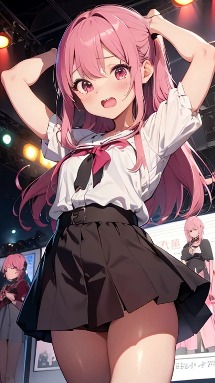 masterpiece、highest quality、Very detailed、Photograph the upper body、1 female、(Put your arms behind your back:1.2)、Are standing、Turn your body forward、View your viewers、(Idol:1.3、ピンク色を基調としたIdol風の衣装)、blush、shy、(trembling:1.2)、Pink Hair、Open your mouth、stage、