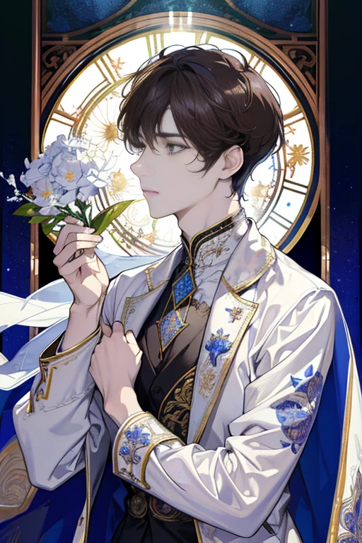 (absurdres, highres, ultra detailed), 1 male, handsome, detailed eyes, detailed face, wavy brown hair, short hair, solo, tall, full body, white clothes, ornate clothes, upper body, magic effect, detailed background, detailed face, cathedral, stained glass, flower petals divine aura, hands folded in prayer