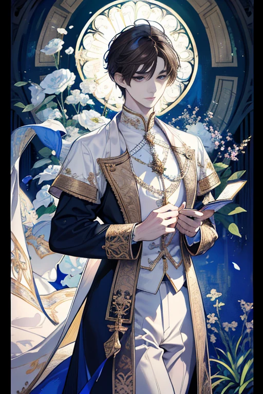 (absurdres, highres, ultra detailed), 1 male, handsome, detailed eyes, detailed face, wavy brown hair, short hair, solo, tall, full body, white clothes, ornate clothes, upper body, magic effect, detailed background, detailed face, cathedral, stained glass, flower petals divine aura, hands folded in prayer