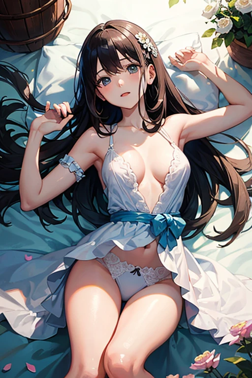 masterpiece, highest quality, One Girl, Thighs, beautiful girl, Flowers, Lots of small petals, Small waist, Large Breasts、RAWphotograph,The needle is accurate、Face Light, Dynamic Lighting, Ultra-realistic, High resolution, photograph, Sharp focus, Highly detailed eyes and face,Symmetrical face、just out of the bath、Sleep on your back、Lying down、Embarrassing、Happy expression