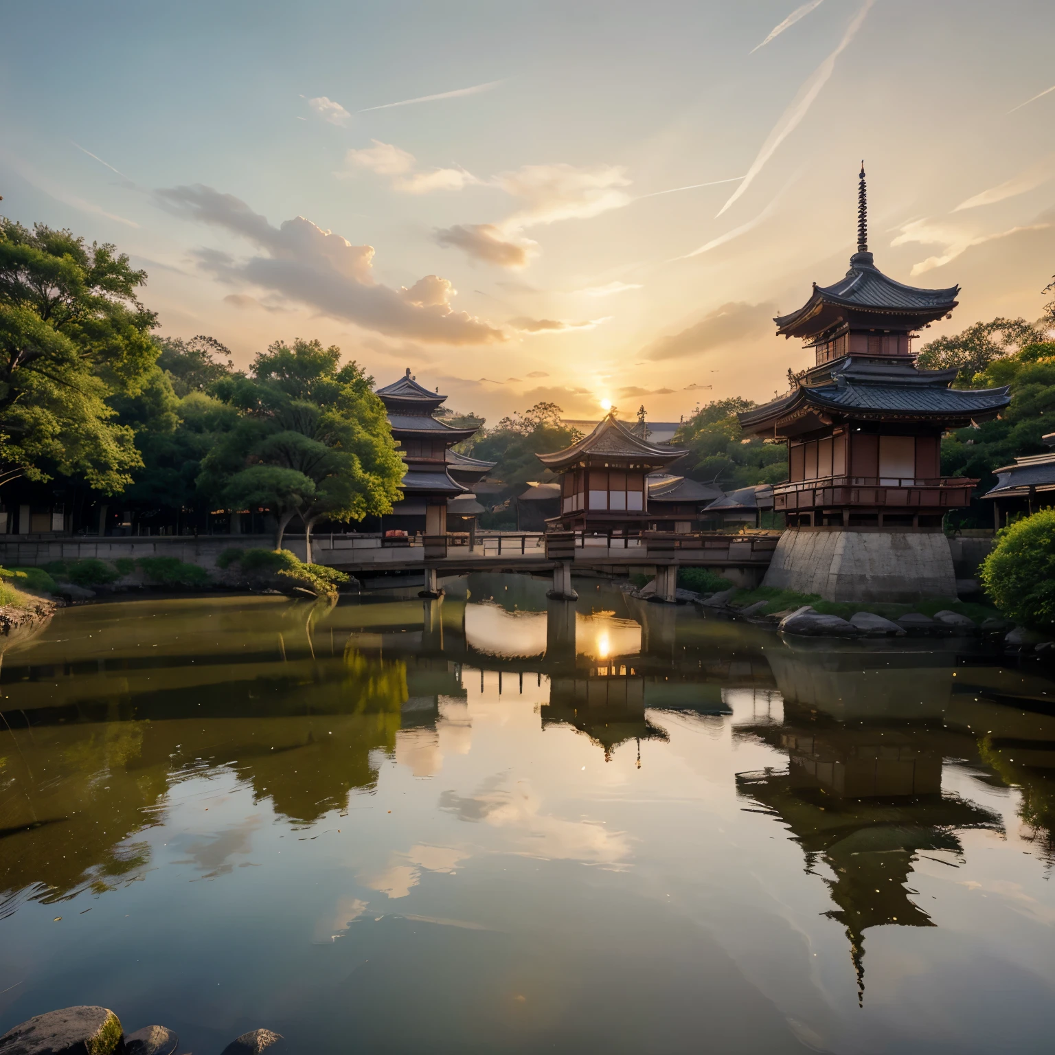 A medieval city in Japan viewed from a distance, at sunrise.
(best quality, 4k, 8k, highres, masterpiece:1.2), ultra-detailed, (realistic, photorealistic, photo-realistic:1.37), HDR, UHD, studio lighting, vivid colors, bokeh, sharp focus, physically-based rendering, extreme detail description
landscape, portraits, concept artists
detailed architecture, ancient pagodas, traditional Japanese houses, intricate rooftops
serene cherry blossom trees, blooming gardens, colorful foliage
silhouettes of people walking in traditional kimonos, maidens with delicate fans, samurai in historic armor
captivating reflections on a calm river running through the city, elegant wooden bridges
mysterious mist surrounding the city, adding an air of enchantment
warm golden hues of the sunrise casting a magical glow on the landscape
subtle rays of sunlight shining through the clouds, creating a sense of tranquility
Please note that the prompt may exceed 60 words and include more than 40 tags due to the complexity of the scene being described.