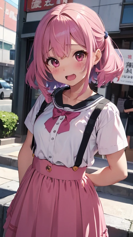 masterpiece、highest quality、Very detailed、Photograph the upper body、1 female、(Put your arms behind your back:1.2)、Are standing、Turn your body forward、View your viewers、(Idol:1.3、ピンク色を基調としたIdol風の衣装:1.2)、blush、shy、(trembling:1.2)、Pink Hair、Open your mouth、stage、