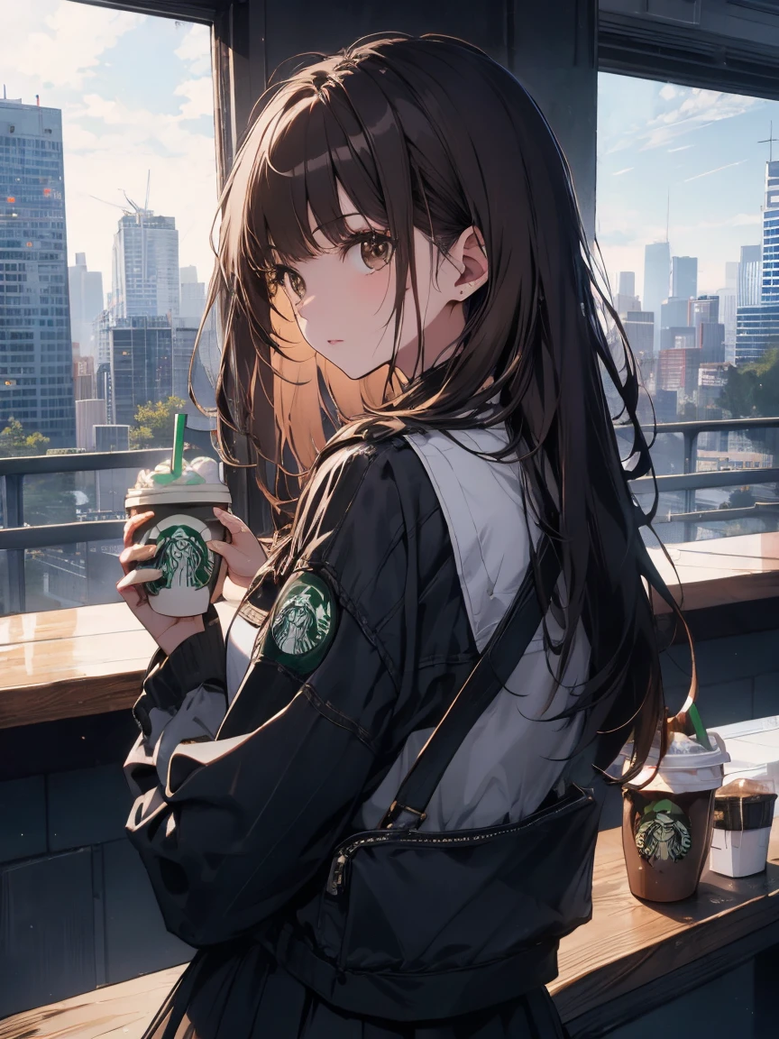 highest quality, High resolution,thin、Small face、Brown eyes、expensive、Brown Hair、Long Hair、city、uniform、high school girl、mature、Starbucks in one hand、turn around