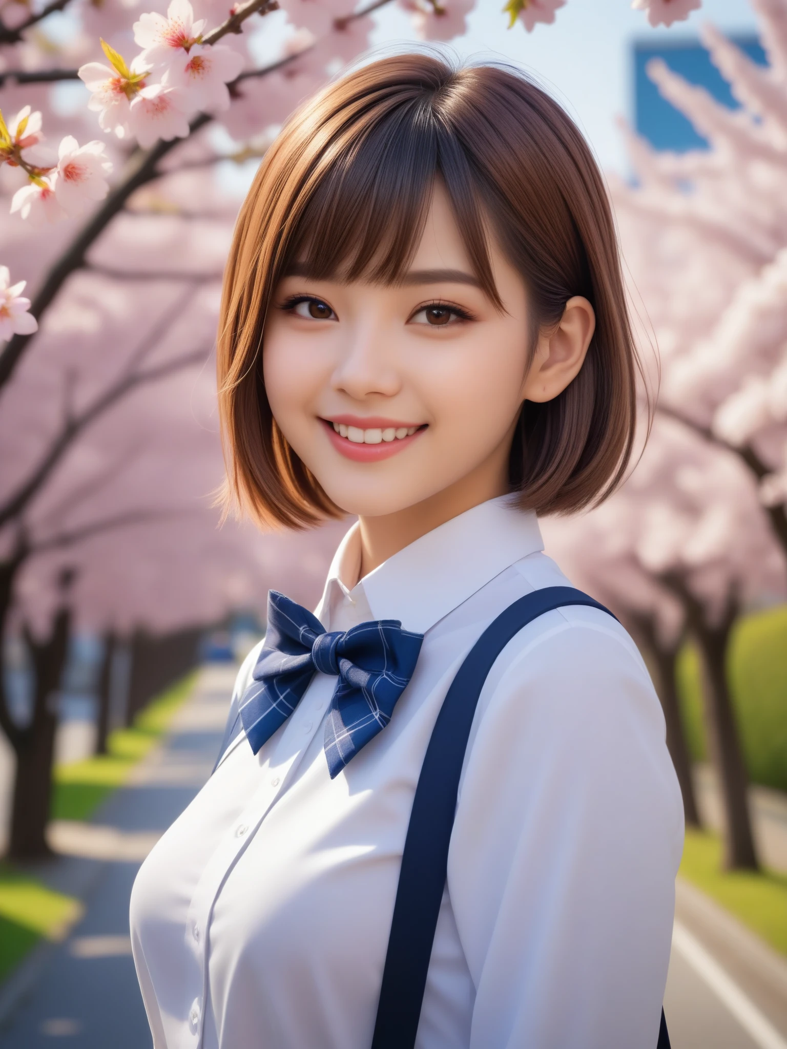 product quality, 1girl, upper body shot, front view, a Japanese young pretty girl, 18 years old, short hair, standing with a big smile on a street among cherry blossom trees, glamorous figure, busty, wearing a white collared shirt of long sleeves, dark blue plain bow tie, dark blue tartan plaid pleated skirt, red rucksack on her back, hyper cute face, glossy lips, double eyelids in both eyes, natural makeup, long eyelashes, shiny smooth light brown hair, asymmetrical bangs, fair skin, central image, high resolution, high detail, detailed hairstyle, detailed face, spectacular cinematic lighting, octane rendering, vibrant, hyper realistic, perfect limbs, perfect anatomy
