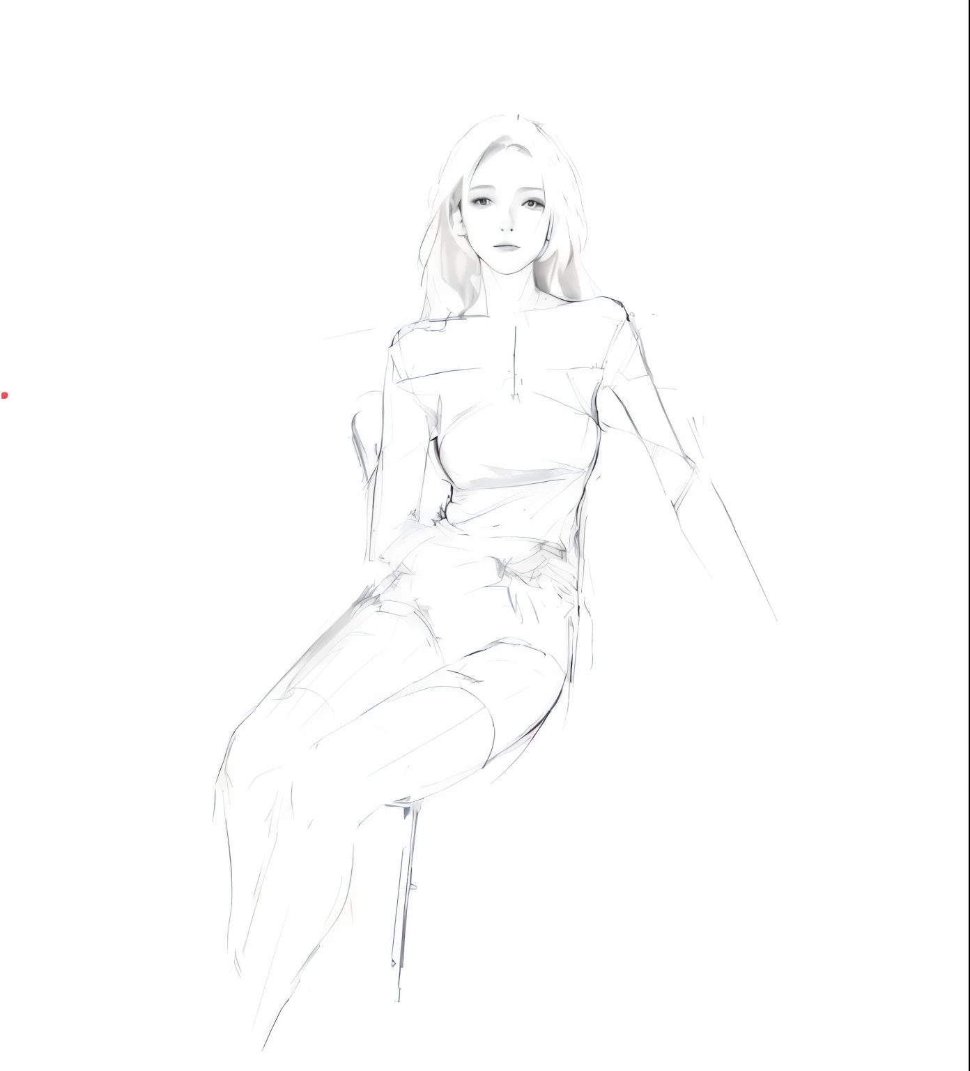 Drawing of a woman sitting on a chair with her legs crossed, Gesture study, outline, outoutline, loose pencil sketch, digital sketch, girl body, Comfortable pose, rough draft, SFW realistic proportions, Sitting position, quick sketch, Sketch the concept, fine art sketch, already drafted, gesture drawing, The character is in her natural pose., Hands behind her body!