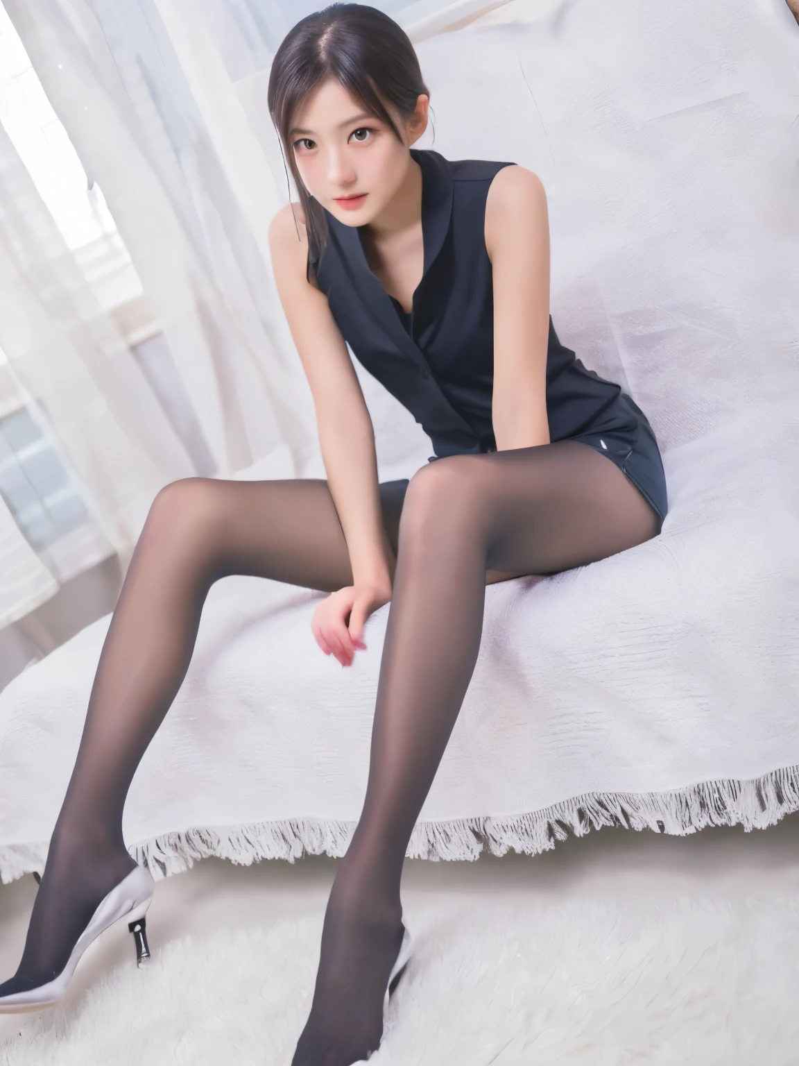 ((top quality vest, 8k, masterpiece: 1.3, RAW Photos)), Sharp focus: 1.2, Realistic、Young Japanese woman、White tank top、Shorts、Black Stockings、Beauty、Realistic、Perfect limbs、From the knee up