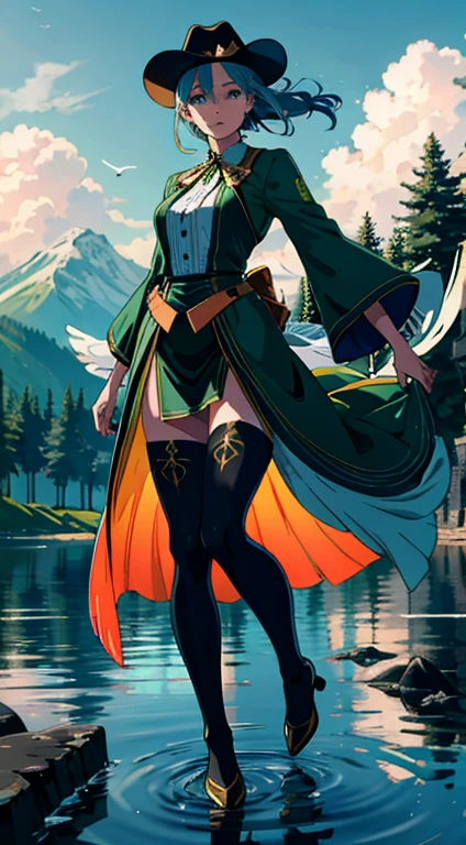 jpn,A high resolution,HighestQuali,illustratio,ultra - detailed,(Detailed face),(Detailed eyes),gentlesoftlighting,Contour light,best qualtiy,hazy glow,Fantastic atmosphere,ultra - detailed,tmasterpiece,1girll,solo,silber hair,expressive hair,green-eyed,(haute couture outfit), glowing light eyes, mediuml breasts, (Colorful),Glowing ribbons fly in front of the camera,dynamic blur,Full body shot,cow boy shot, from below, exteriors, Morning, clouds, ,Lakeside in the background, Flying birds,Stand and dance on the water,There is wind,The surface of the water is rippling, in wonderland, tall mountain peaks, green leaf,rainbowing,Busy, the trees, Winters