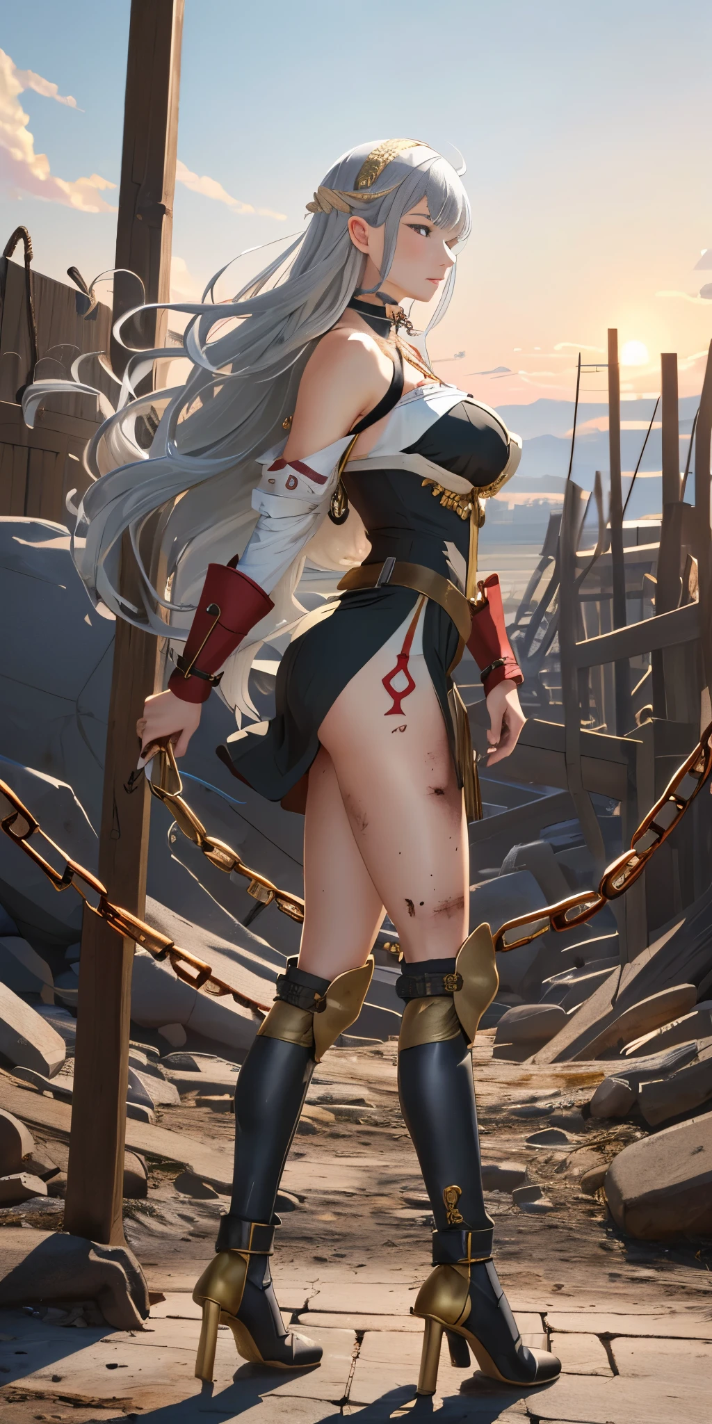 (Selvaria Bles (Valkyria Chronicles) LoRA) Female, standing, straight, 1girl, elf, green wavy hair, medium breasts, suspended by arms, head down, POV, from the side (dirty, bruise:1.2) cave floor, tied up, rope, (Masterpiece), full body of a female, big breast, detailed face, full portrait, standing straight, shackles on arms and legs, black choker on neck, SFW, WHITE TOGA, golden chains hands, golden chains legs, lascivious face, embarrassed, red cheeks, braid black hair, full body, view from below, far shot, cow boy shot, looking at viewer, handcuffs on their hands, with a collar around the neck, slave, ((black choker, shackles on legs and arms)) ((hands hiding behind body))