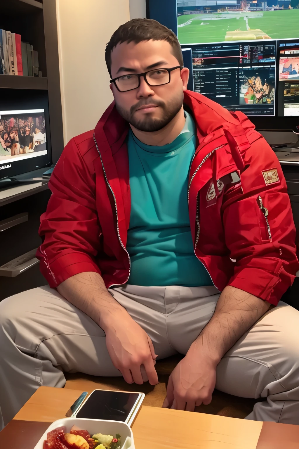 Best quality: 1.0), (Super High Resolution: 1.0), george pei, 1boy, solo, 40 years old male, mature male, masterpiece, round face, short beard, stumble, glasses, big chest, big abs, muscular,  sitting in front of computer playing games, background in esports room,