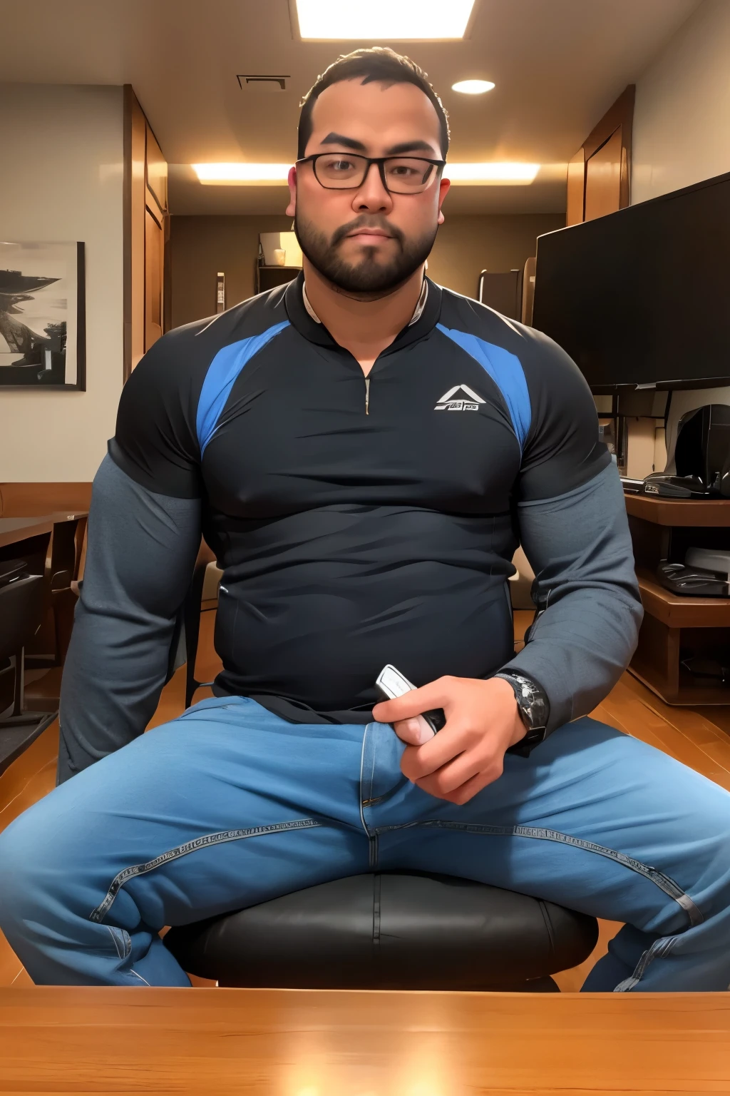 Best quality: 1.0), (Super High Resolution: 1.0), george pei, 1boy, solo, 40 years old male, mature male, masterpiece, round face, short beard, stumble, glasses, big chest, big abs, muscular, sitting in front of computer playing games, background in esports room,