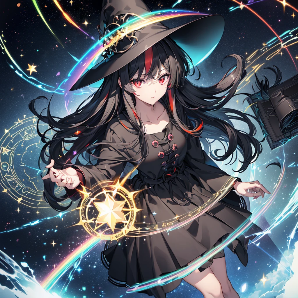 ((Black Hair Rainbow-colored light emitted from the magic circle Witch Hat Red eyes woman)) ((explosion Explosion book of magic starのペンダント beam)) (Magic Robe shine star Streaks of Light Black Hole) moon 彗star incantation Runes cool