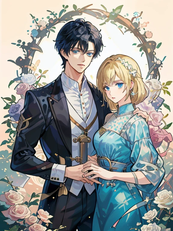 ((best quality、A masterpice))、(Two handsome men)、knights、black hair、a blond、Blue eyes、Golden Eyes、Fantasia、sirius a and sirius b、Comic art、high quality fanart、blooms、inspired by Masanobu Okumura、epic anime style、detailed fan art、Akihiko Inoue and Rostran