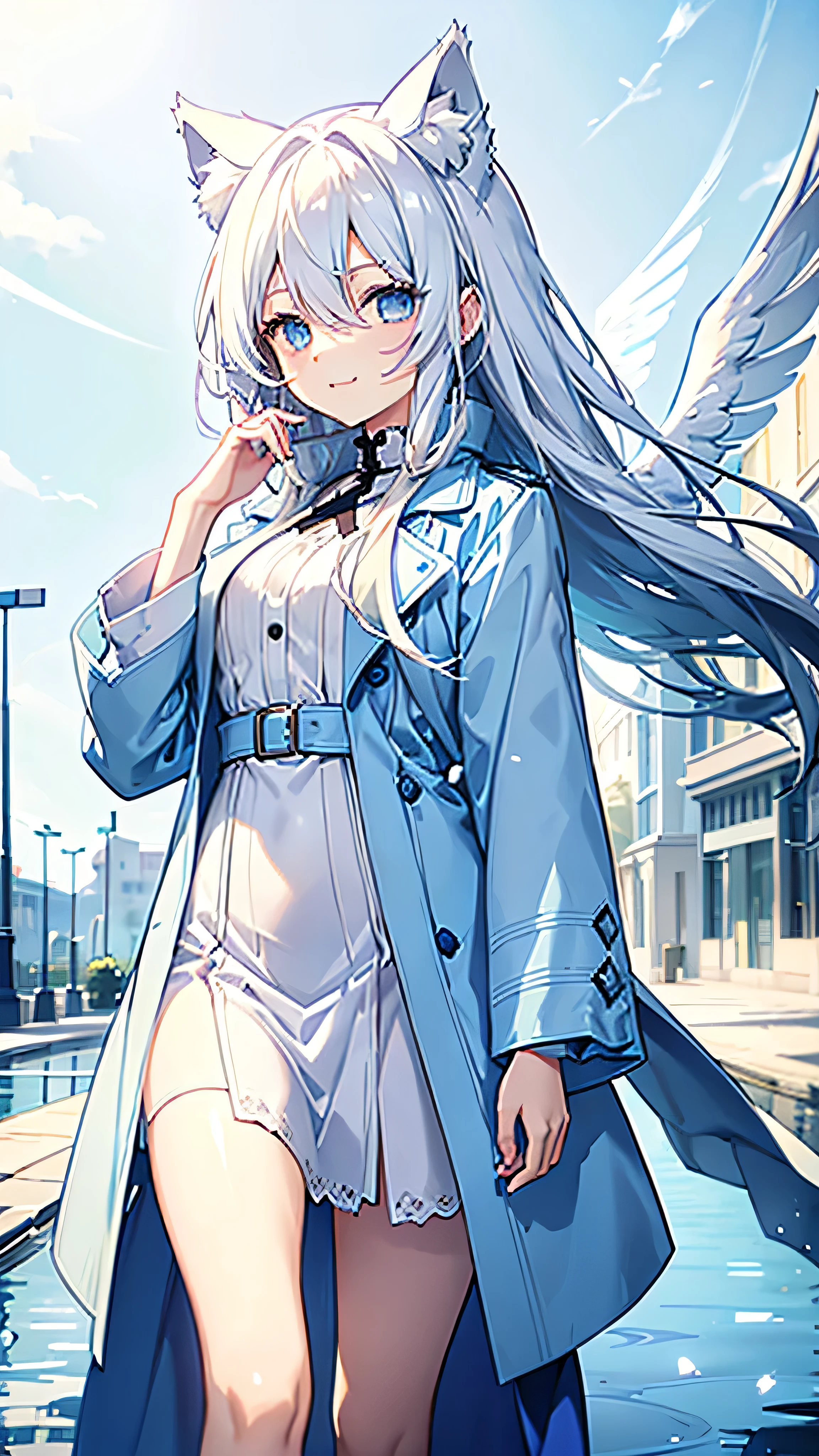 Just one person, Beautiful woman with long white hair and blue eyes、Walking、Ripples on the ground、Light blue dress、A blue trench coat is draped over his shoulders、23 years old、Adorable smile、Angel wings on the back、With cat ears、Less exposed skin、pastel colour、highest quality