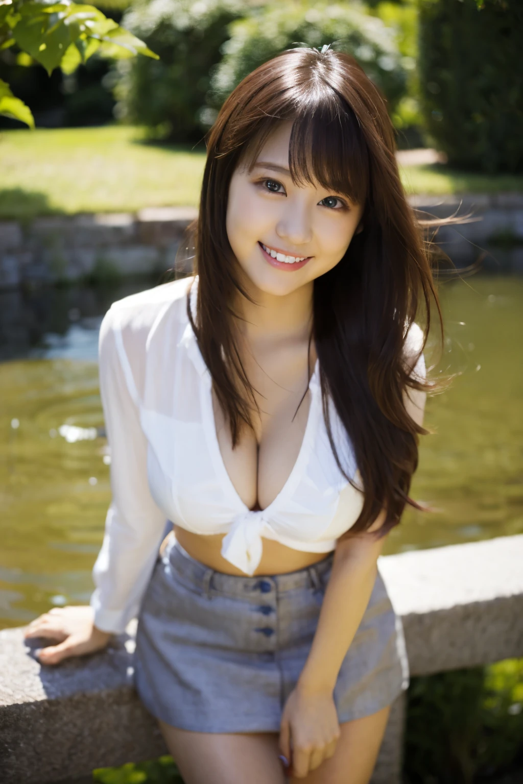 high resolution 1 girl、A smile with a little visible teeth、whole body Cleavage By the pond Charm White shirt mini skirt Big eyes Large Breasts Look at the camera